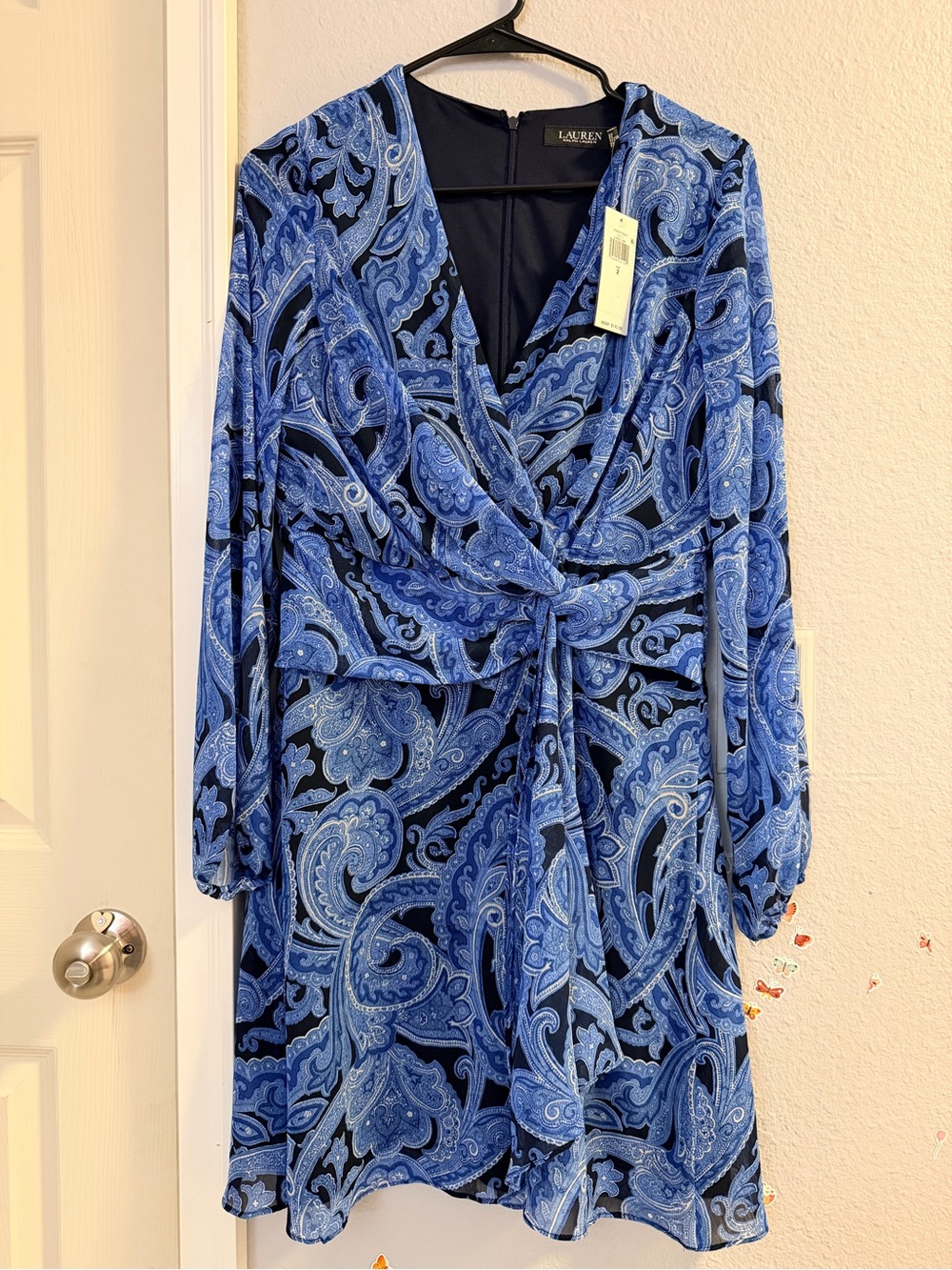 Ralph Lauren Blue Paisley Knot-Front Long Sleeve Dress